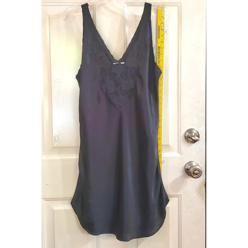 VTG  BG‎ Street 80s Slip Mini Dress L Black Satiny Scalloped Lace V-Neck Chemise